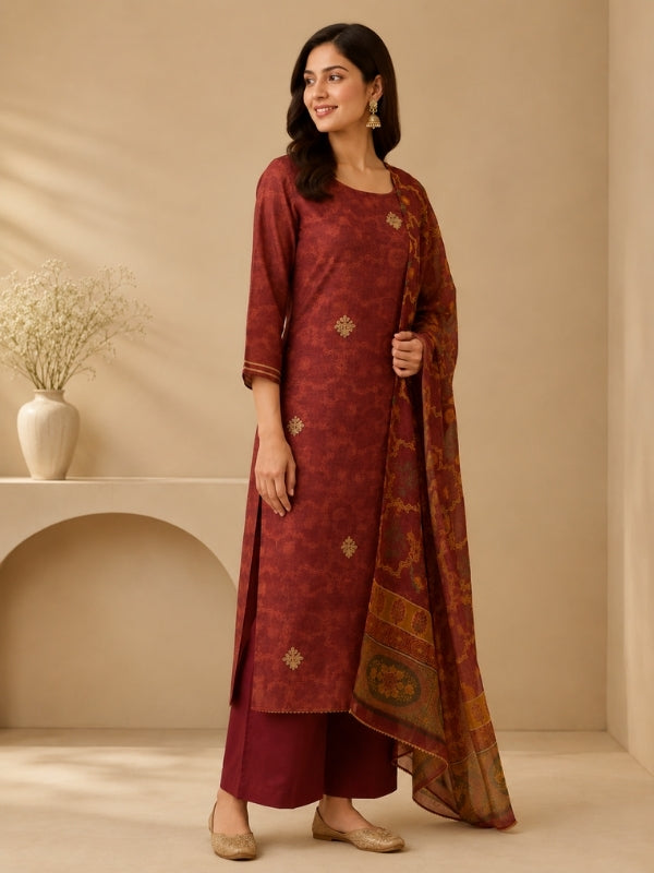 Floral Embroidered Straight Chanderi Cotton Kurta & Palazzos Sets