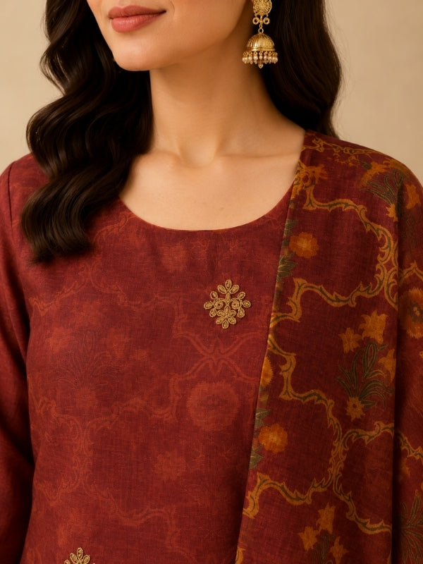 Floral Embroidered Straight Chanderi Cotton Kurta & Palazzos Sets