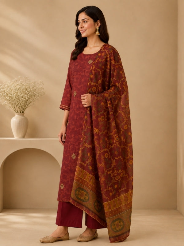 Floral Embroidered Straight Chanderi Cotton Kurta & Palazzos Sets