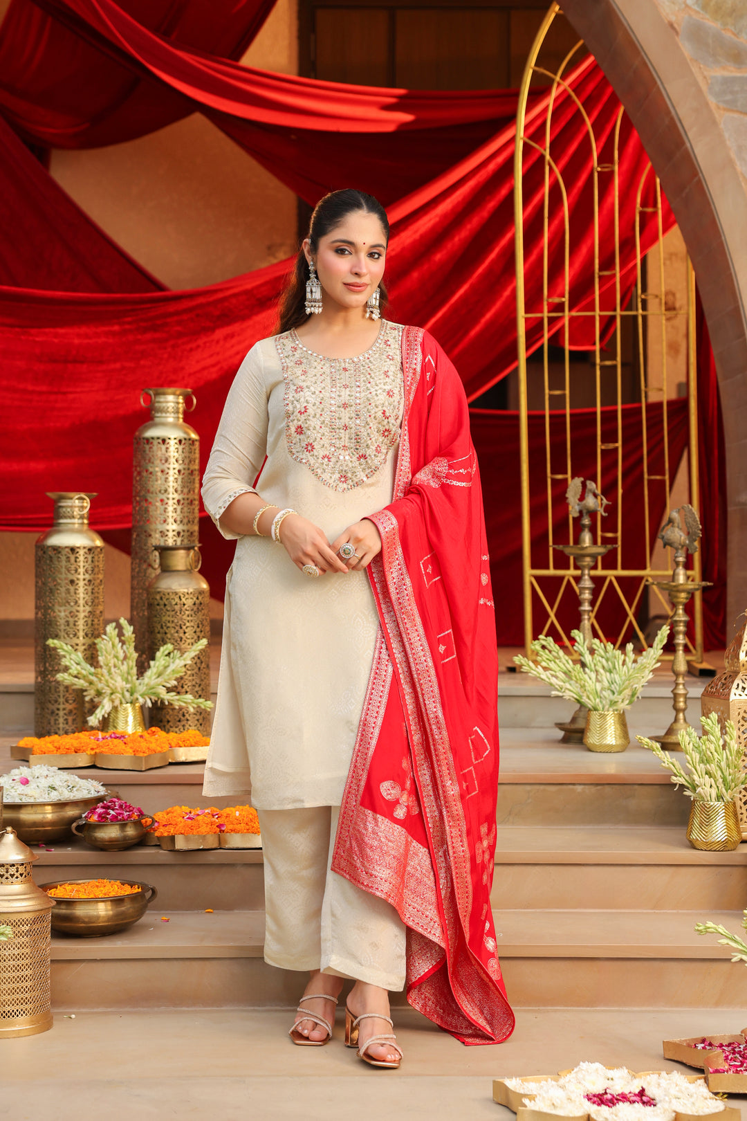 Floral Embroidered Straight Kurta & Trousers Sets