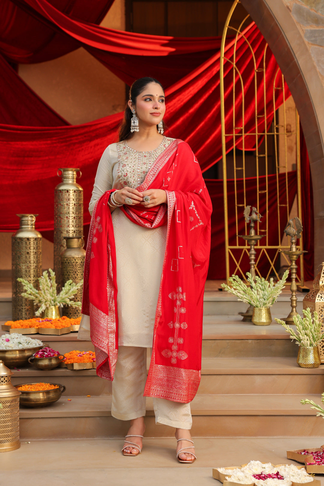 Floral Embroidered Straight Kurta & Trousers Sets