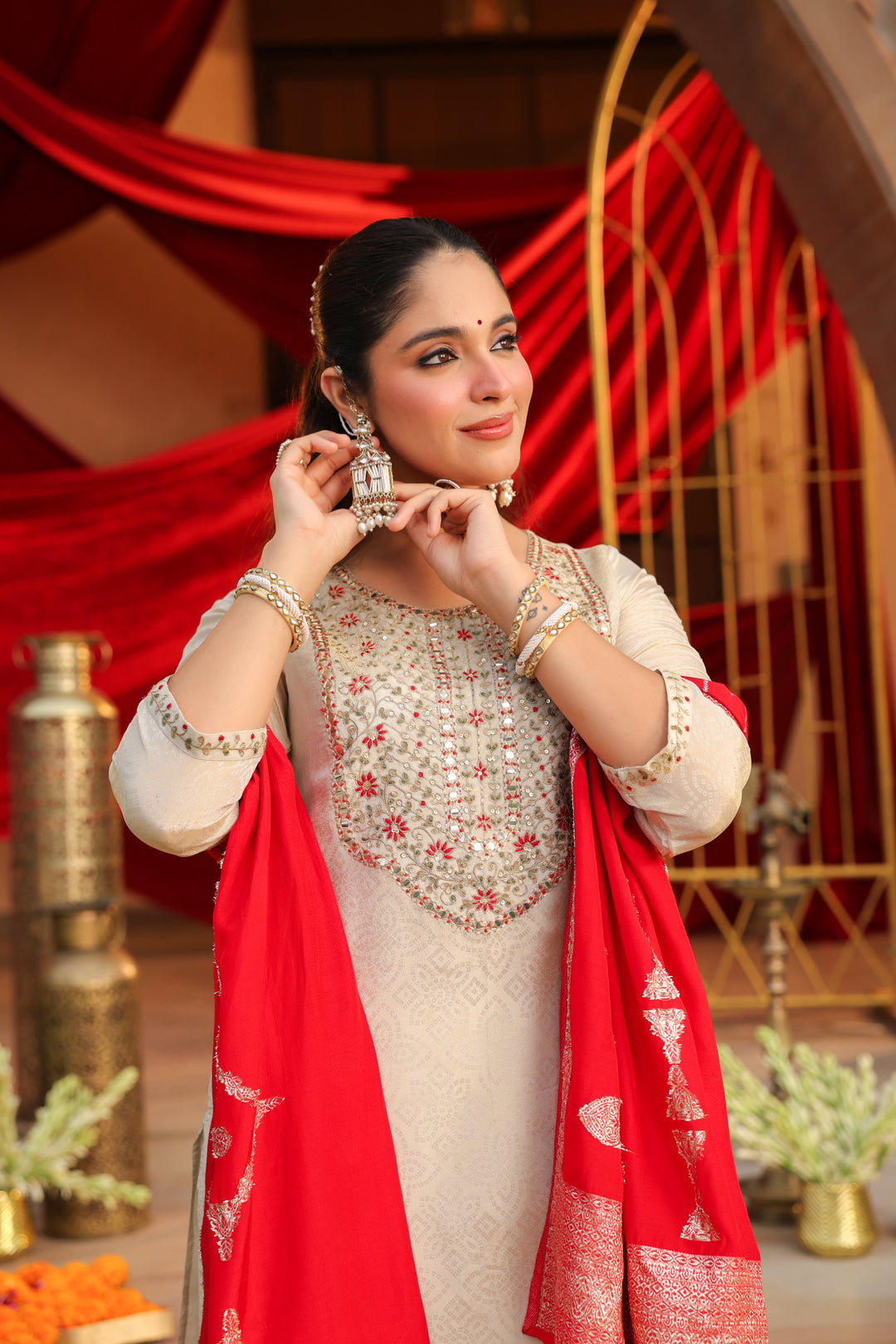 Floral Embroidered Straight Kurta & Trousers Sets