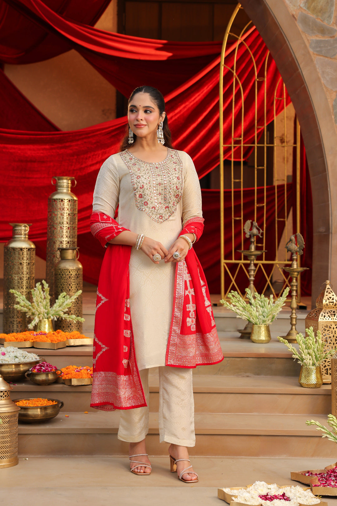 Floral Embroidered Straight Kurta & Trousers Sets