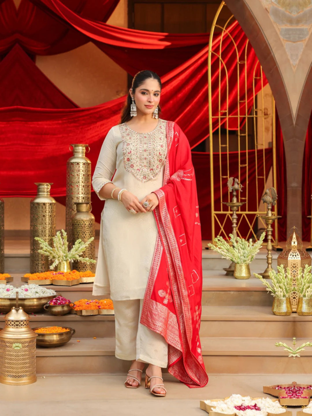 Floral Embroidered Straight Kurta & Trousers Sets