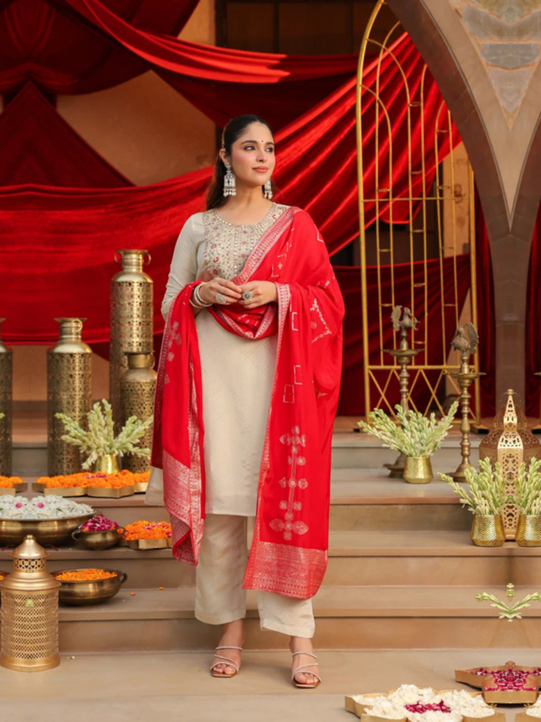 Floral Embroidered Straight Kurta & Trousers Sets