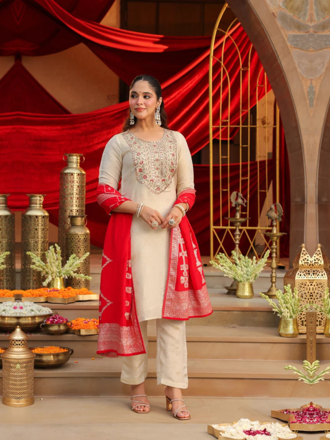 Floral Embroidered Straight Kurta & Trousers Sets