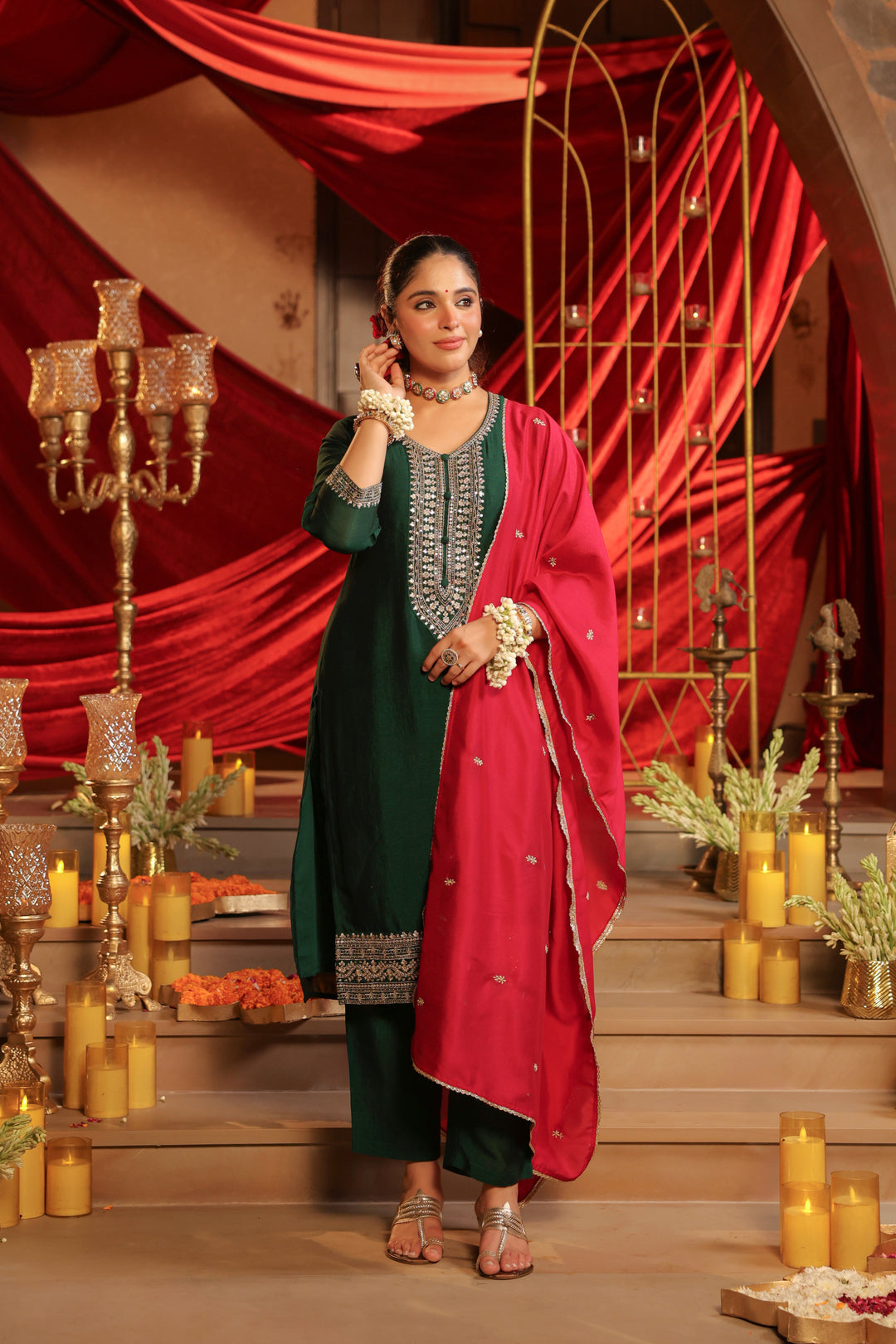 Floral Embroidered Straight Kurta & Trousers Sets