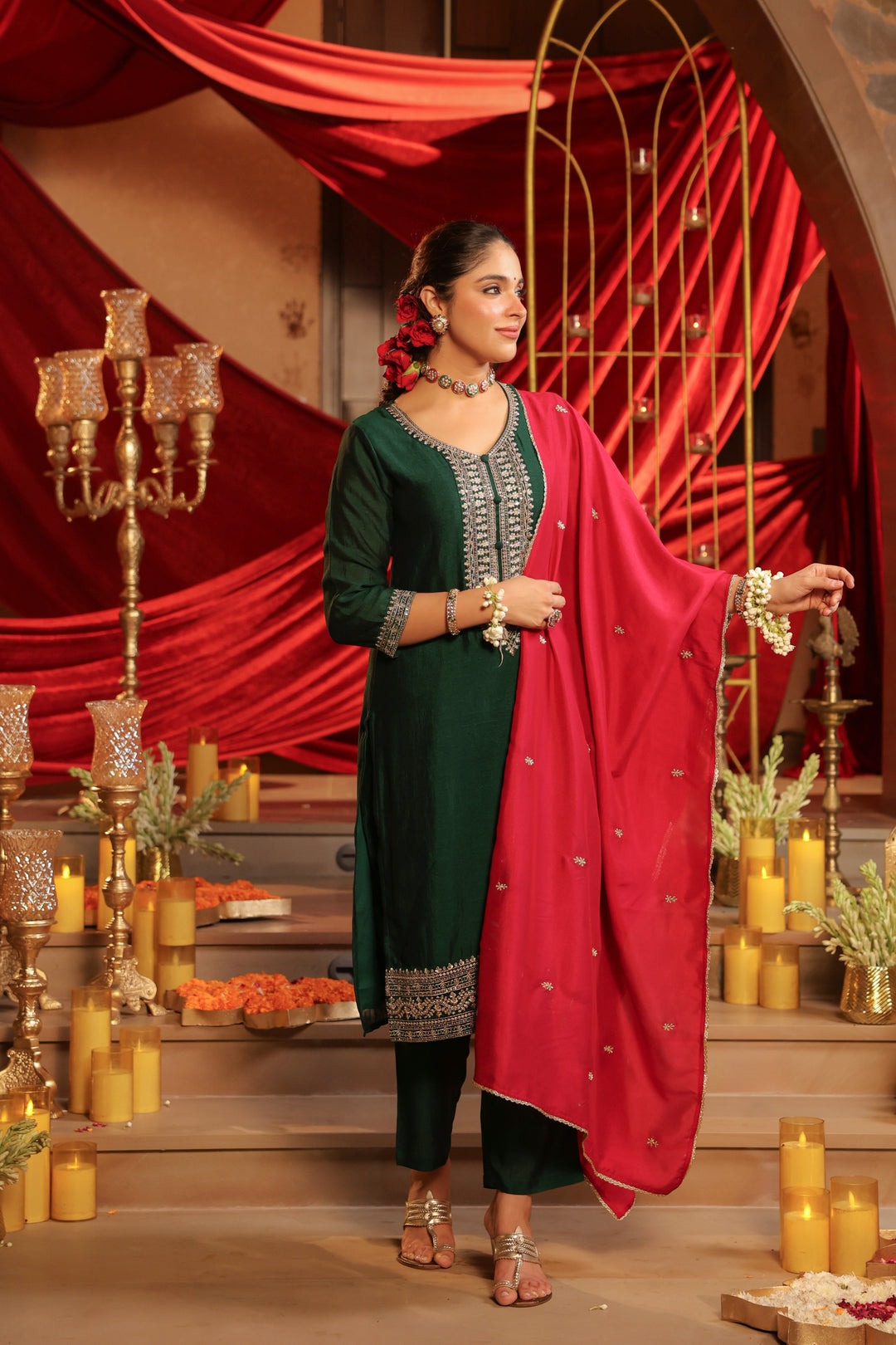 Floral Embroidered Straight Kurta & Trousers Sets
