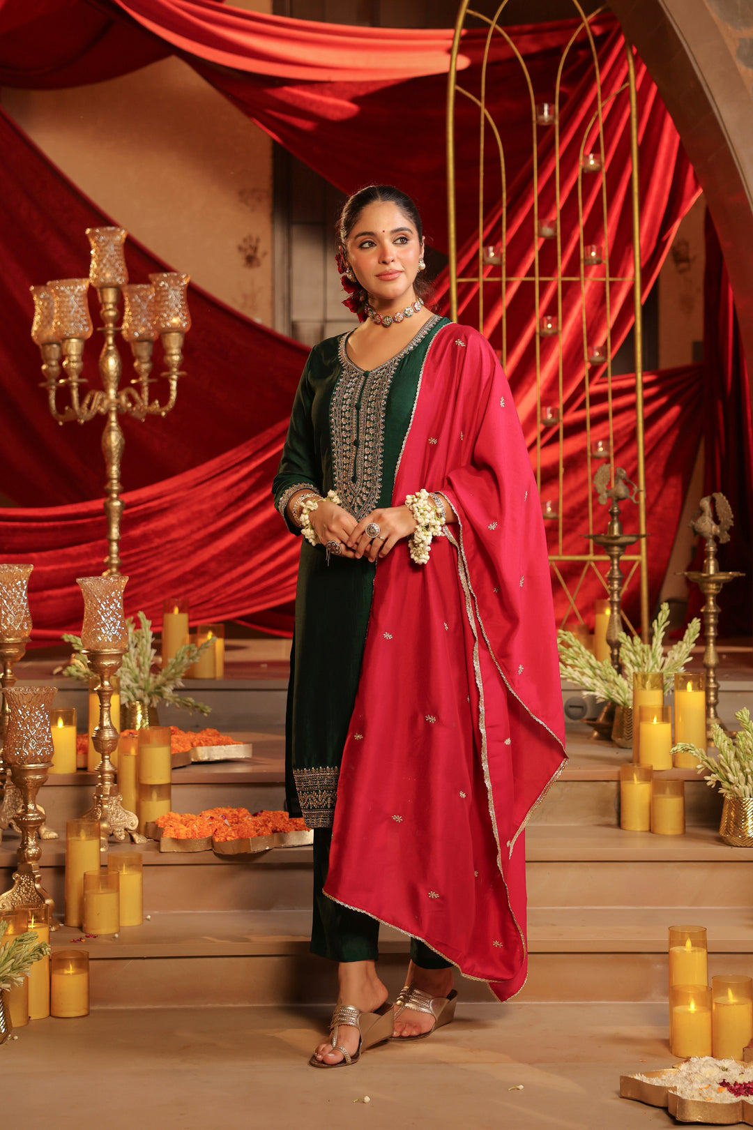 Floral Embroidered Straight Kurta & Trousers Sets