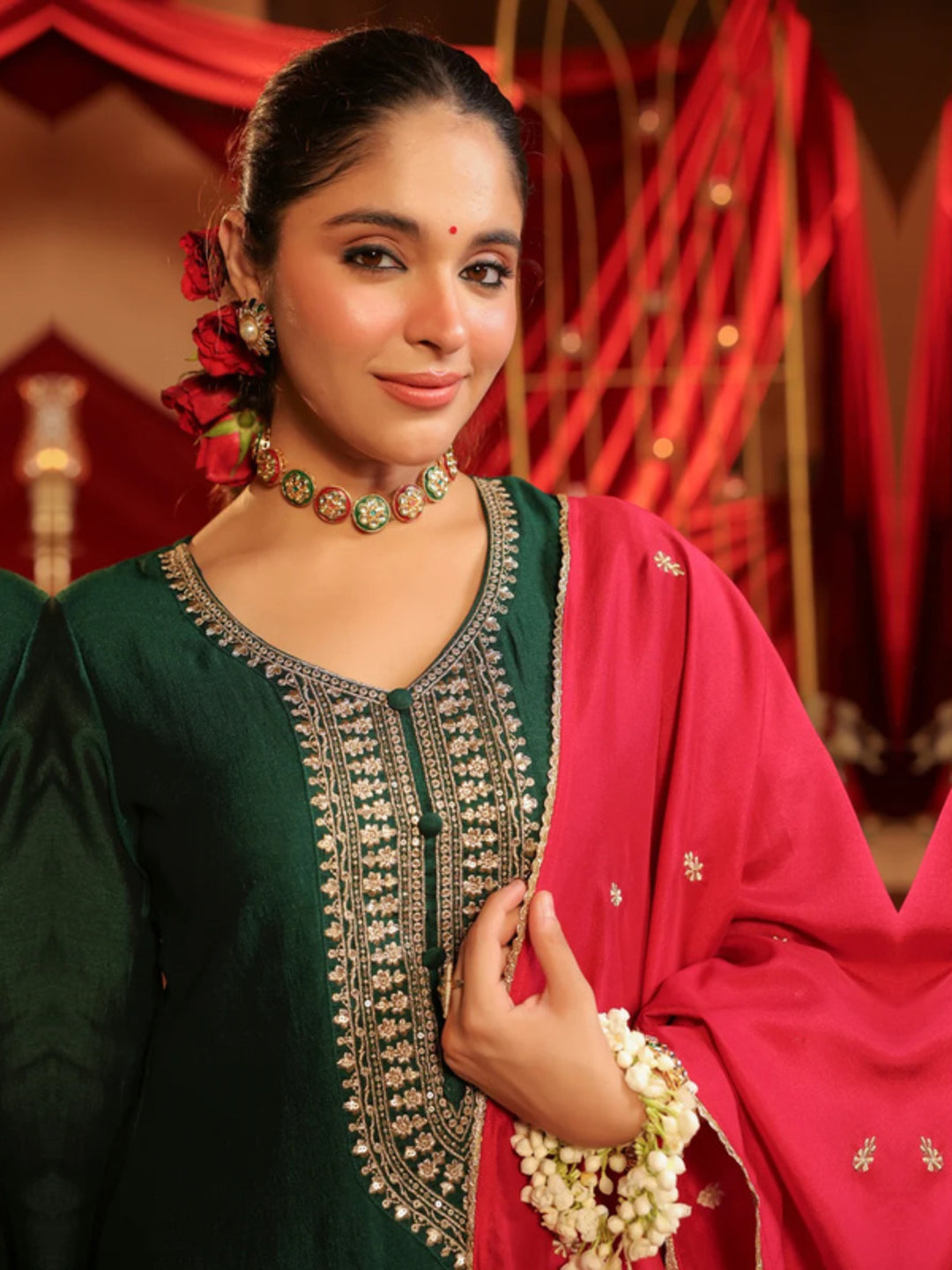 Floral Embroidered Straight Kurta & Trousers Sets