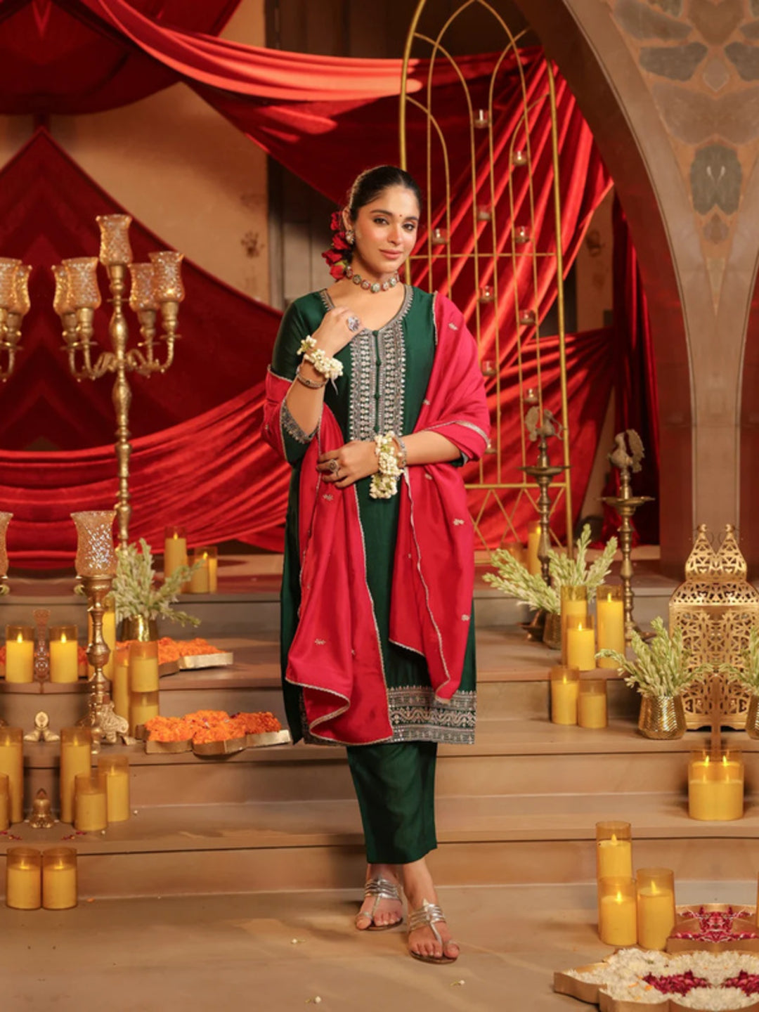 Floral Embroidered Straight Kurta & Trousers Sets