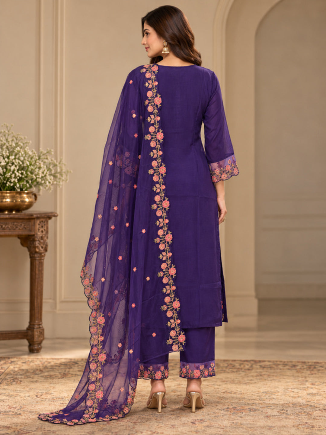 Floral Embroidered Straight Silk Blend Kurta & Trousers Sets