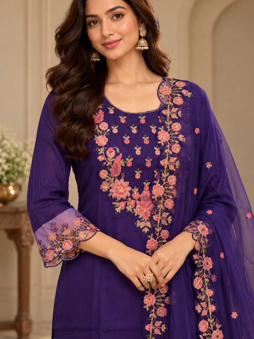 Floral Embroidered Straight Silk Blend Kurta & Trousers Sets