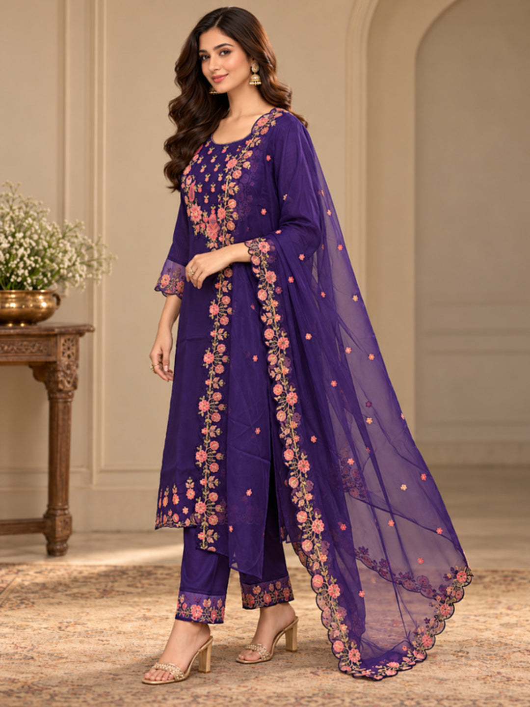 Floral Embroidered Straight Silk Blend Kurta & Trousers Sets