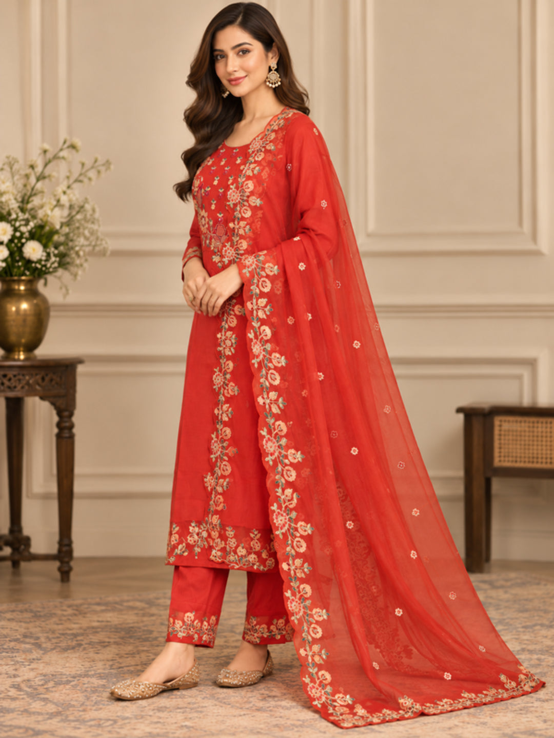 Floral Embroidered Straight Silk Blend Kurta & Trousers Sets