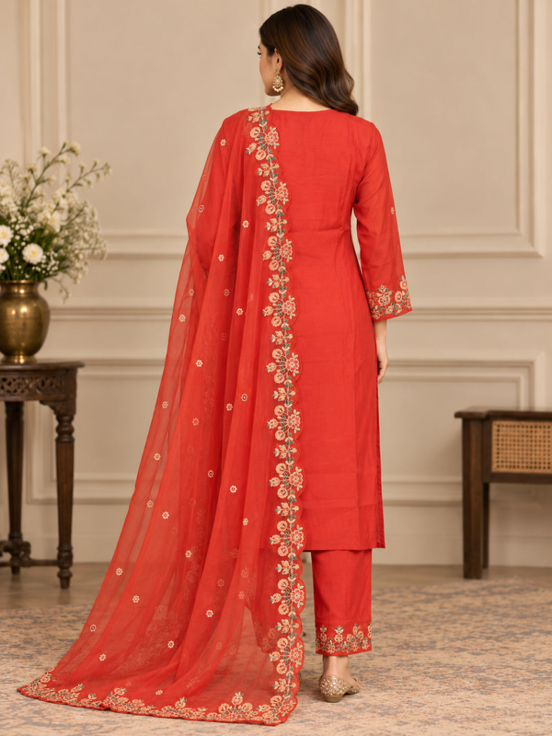 Floral Embroidered Straight Silk Blend Kurta & Trousers Sets