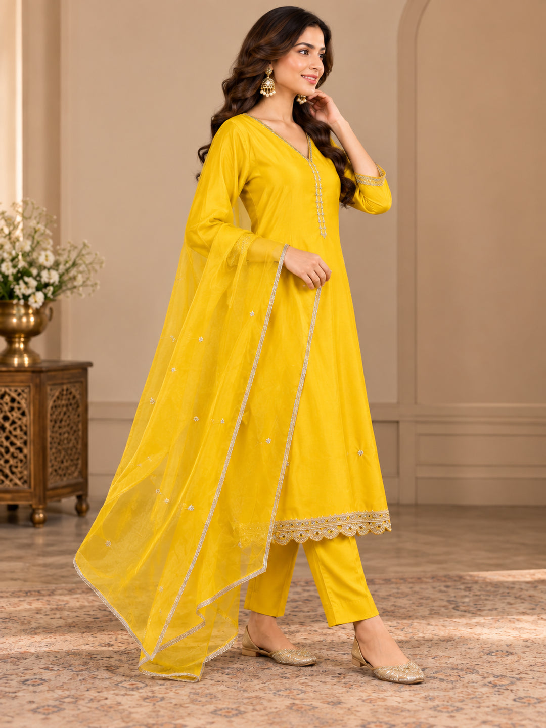 Floral Embroidered Straight Kurta & Trousers Sets