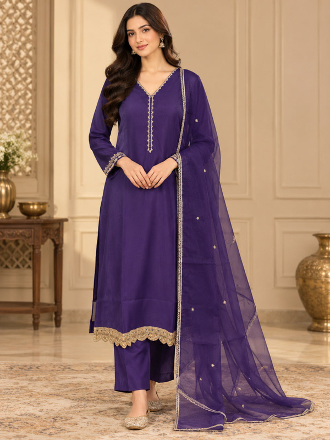 Solid Embroidered Straight Silk Blend Kurta & Trousers Sets