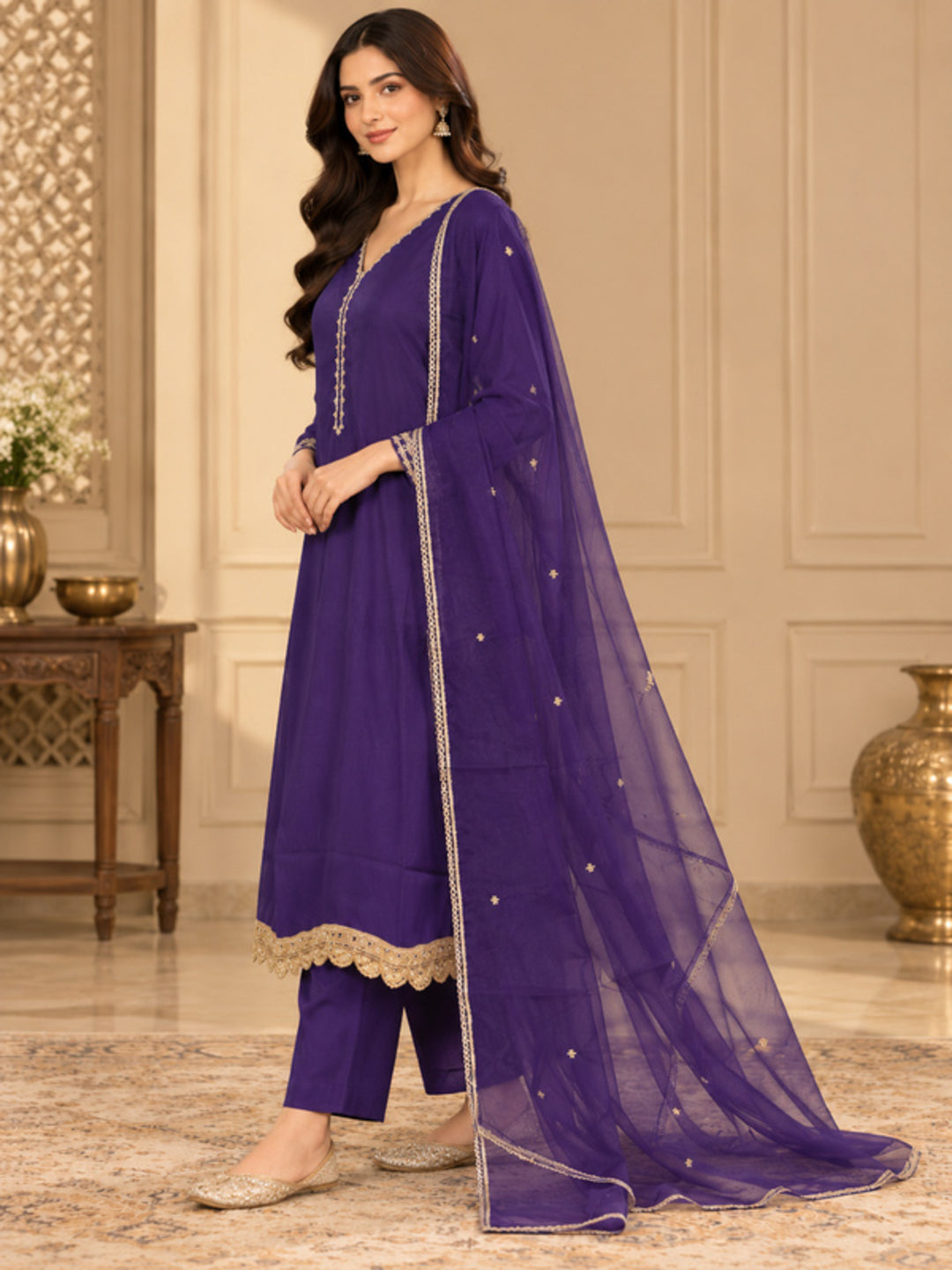 Solid Embroidered Straight Silk Blend Kurta & Trousers Sets