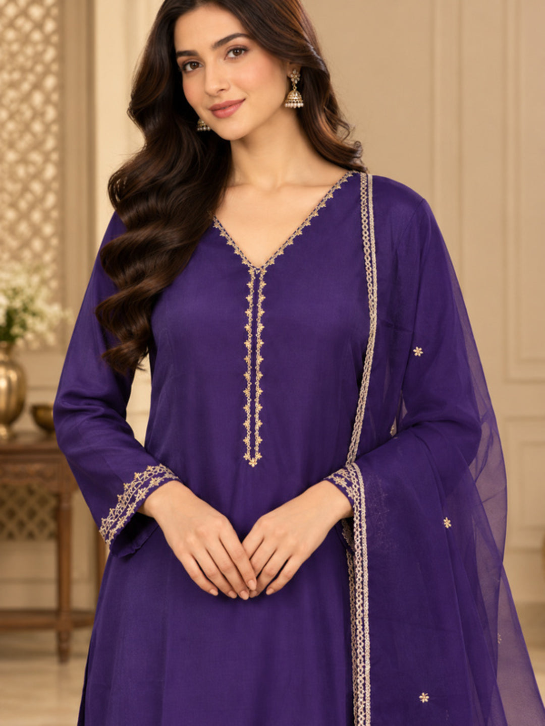 Solid Embroidered Straight Silk Blend Kurta & Trousers Sets