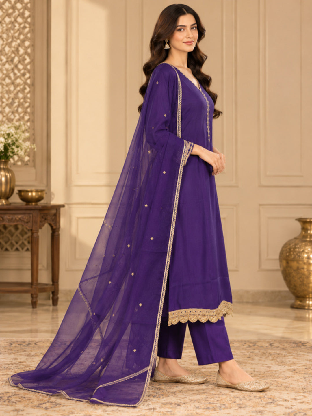 Solid Embroidered Straight Silk Blend Kurta & Trousers Sets