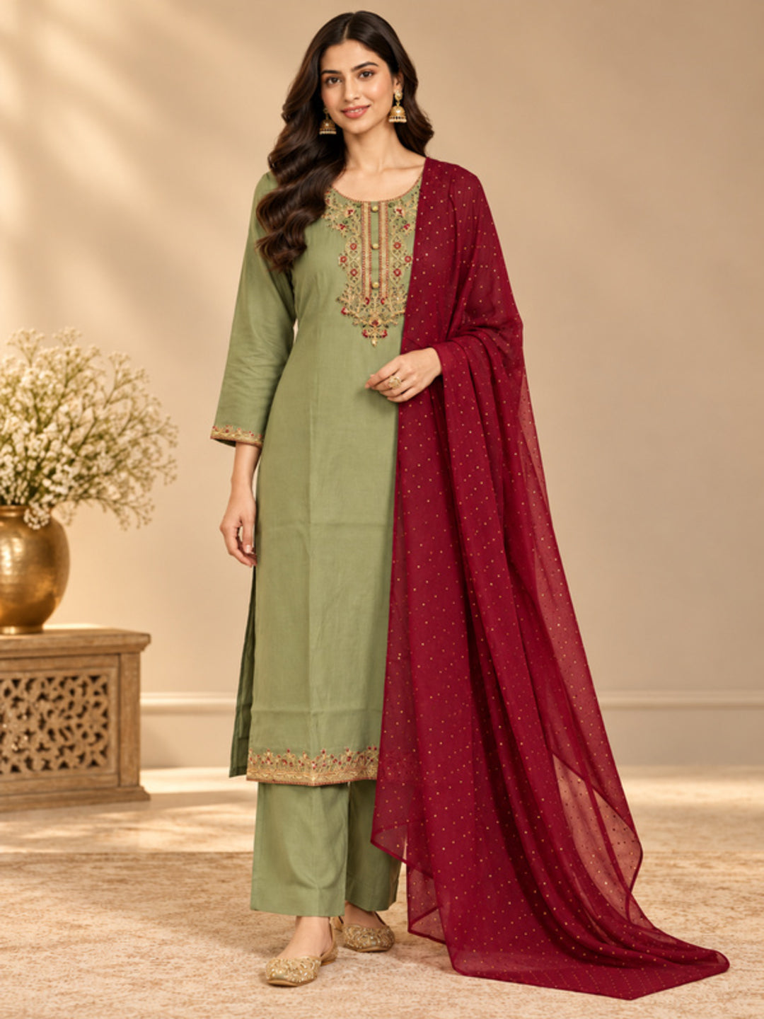 Floral Embroidered Straight Silk Blend Kurta & Trousers Sets