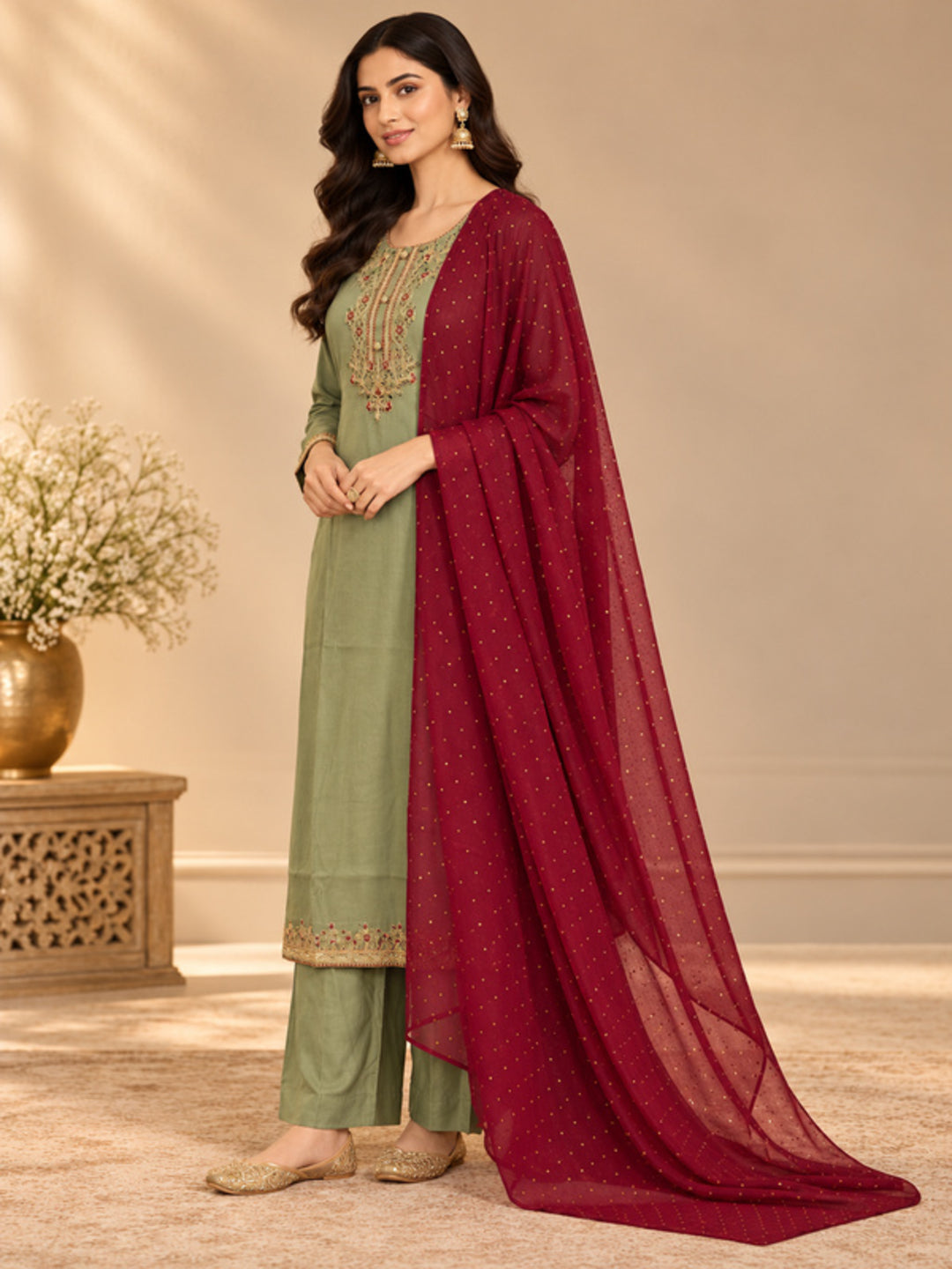 Floral Embroidered Straight Silk Blend Kurta & Trousers Sets