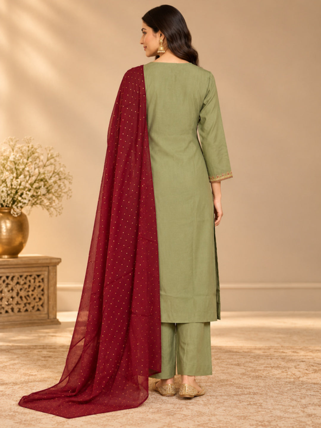 Floral Embroidered Straight Silk Blend Kurta & Trousers Sets