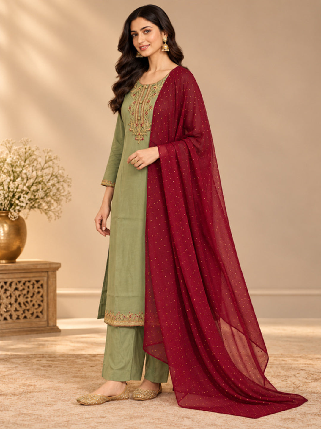 Floral Embroidered Straight Silk Blend Kurta & Trousers Sets