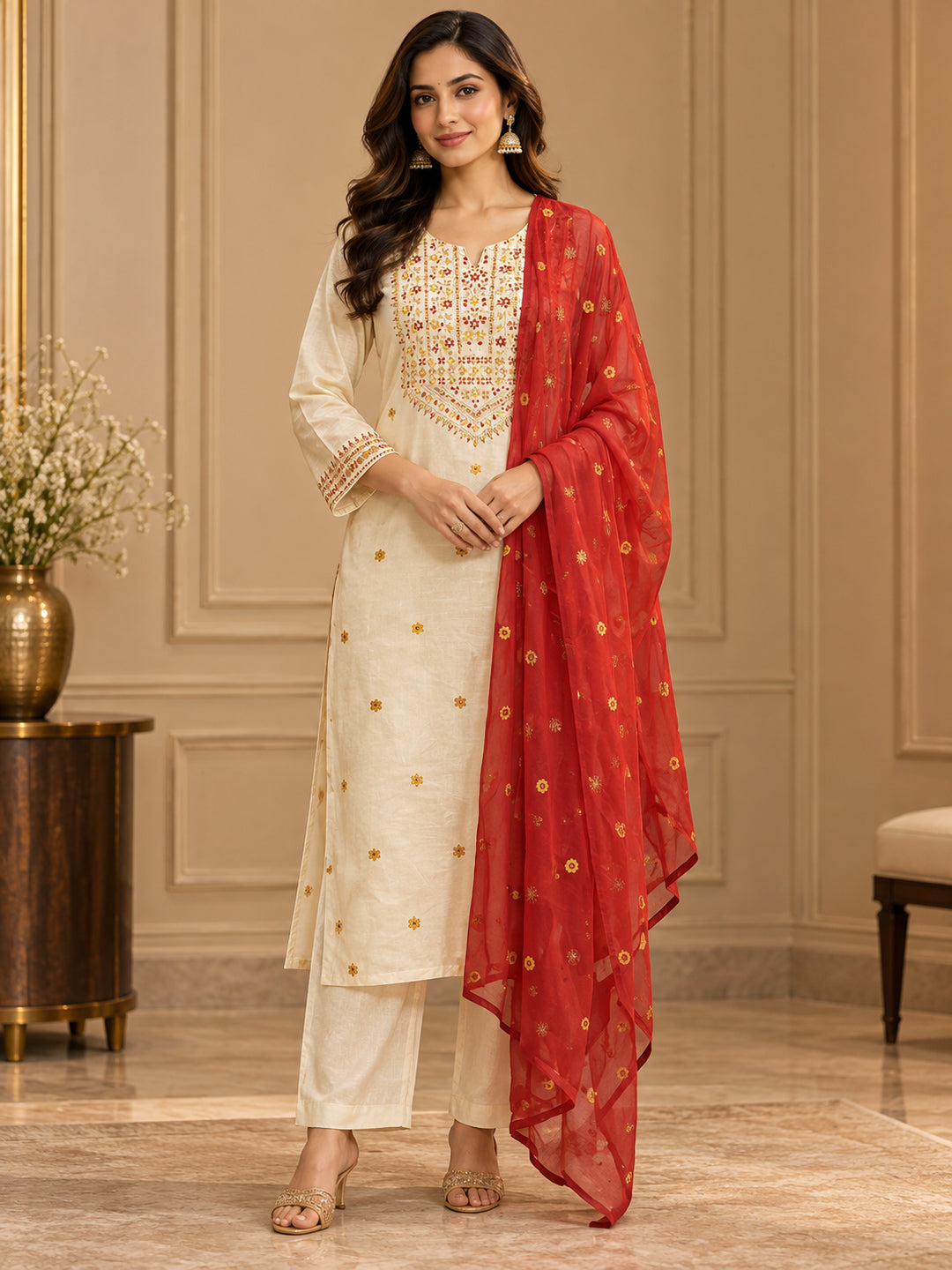 Floral Embroidered Straight Kurta & Trousers Sets
