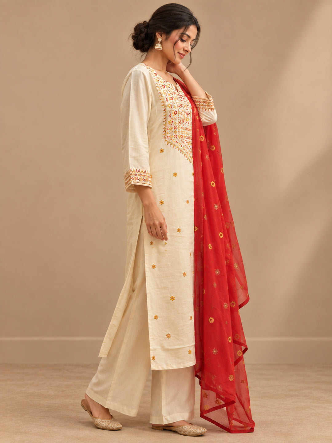 Floral Embroidered Straight Kurta & Trousers Sets