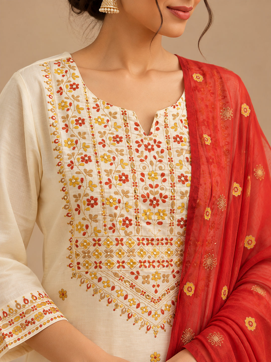 Floral Embroidered Straight Kurta & Trousers Sets