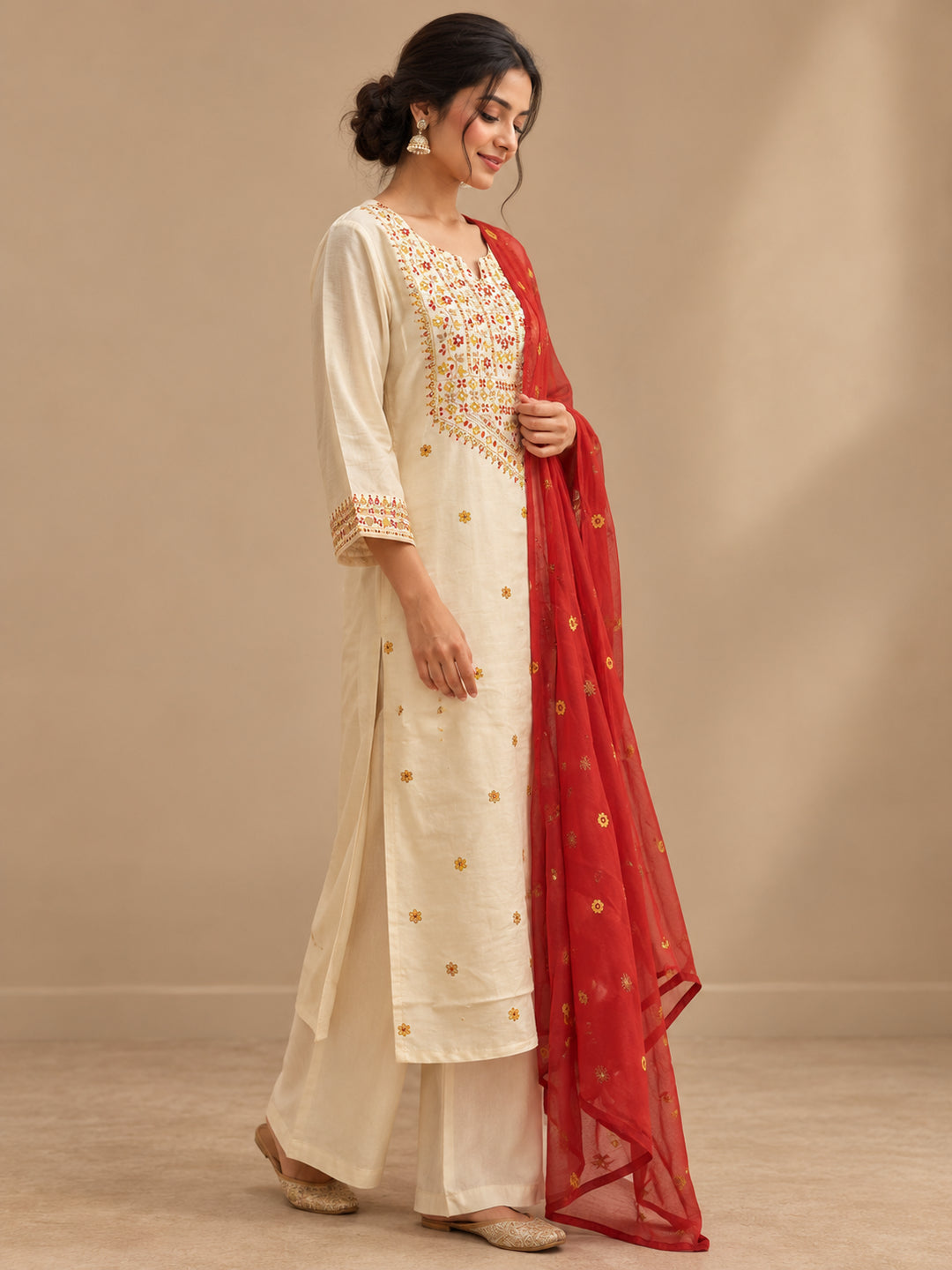 Floral Embroidered Straight Kurta & Trousers Sets