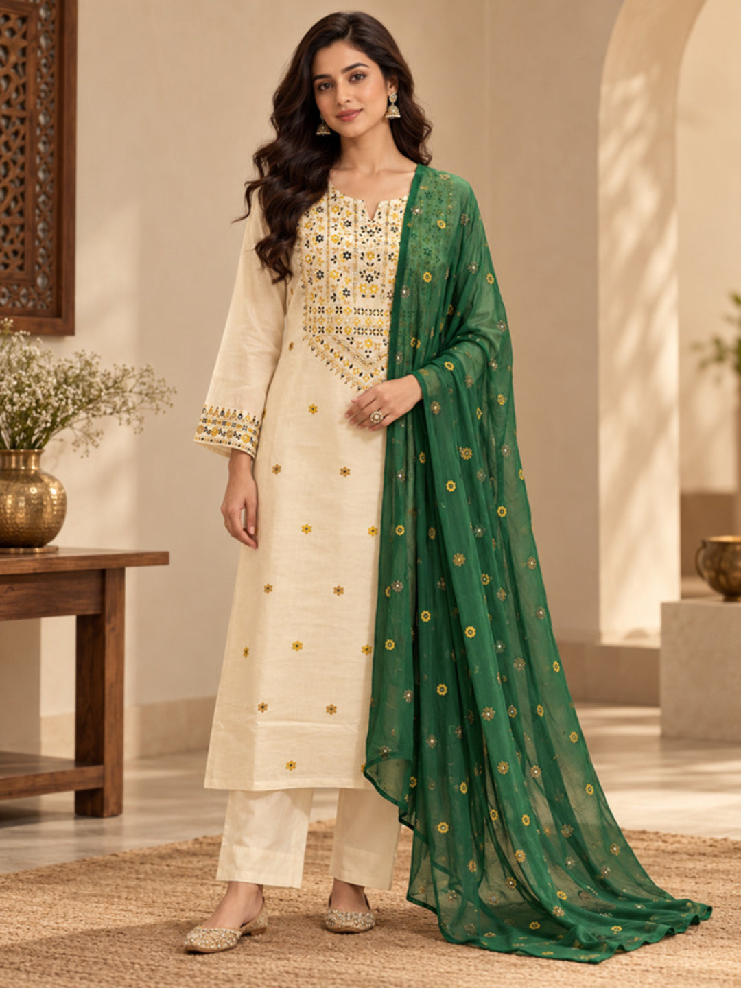 Floral Embroidered Straight Silk Blend Kurta & Trousers Sets