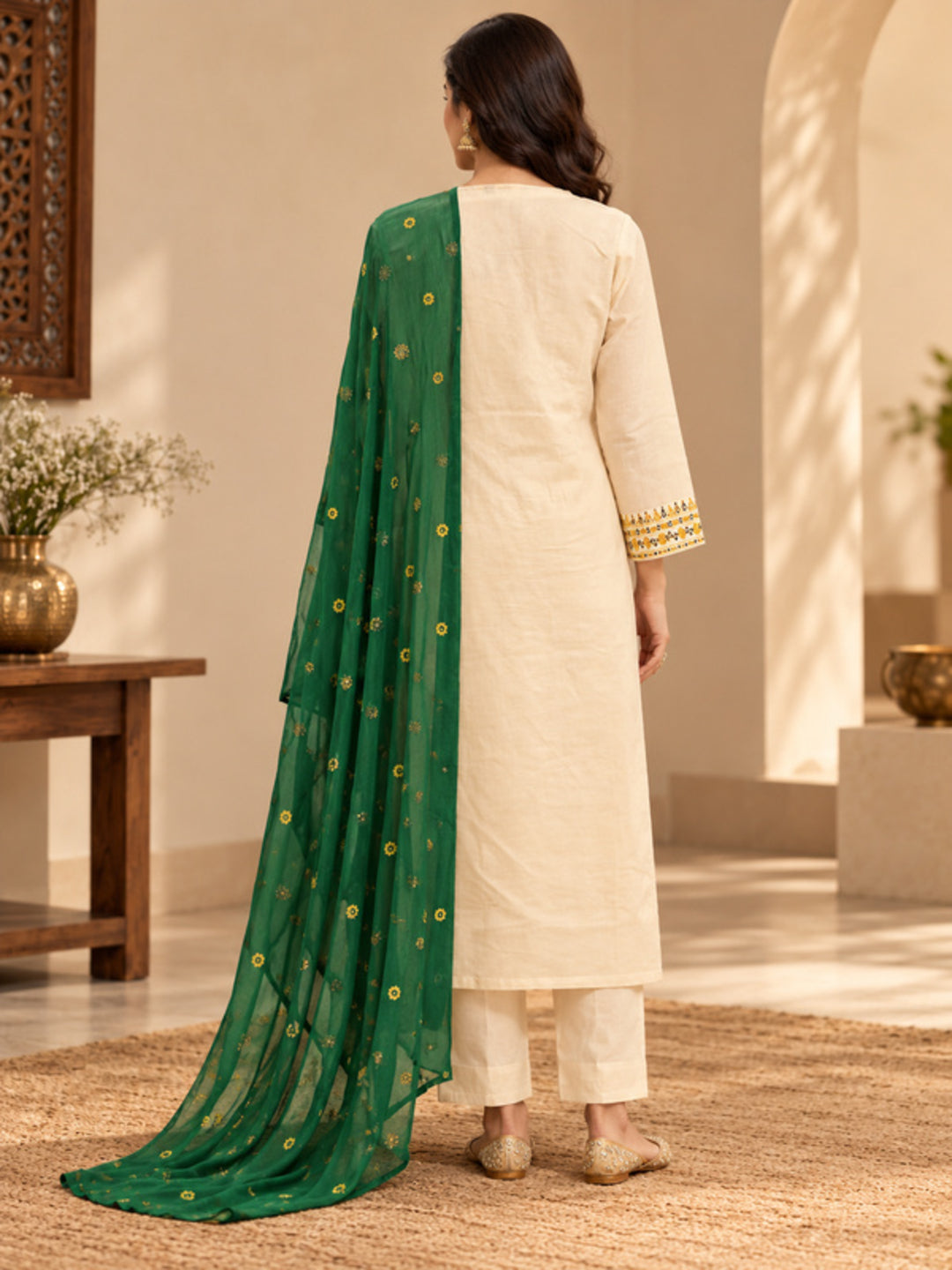 Floral Embroidered Straight Silk Blend Kurta & Trousers Sets