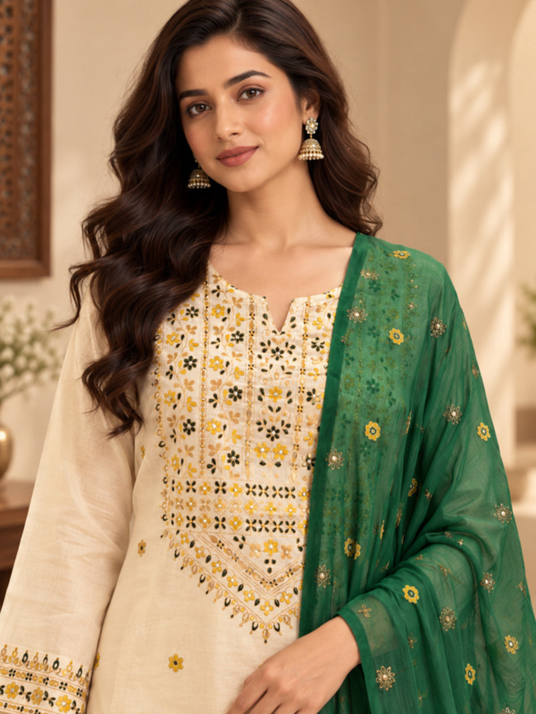 Floral Embroidered Straight Silk Blend Kurta & Trousers Sets