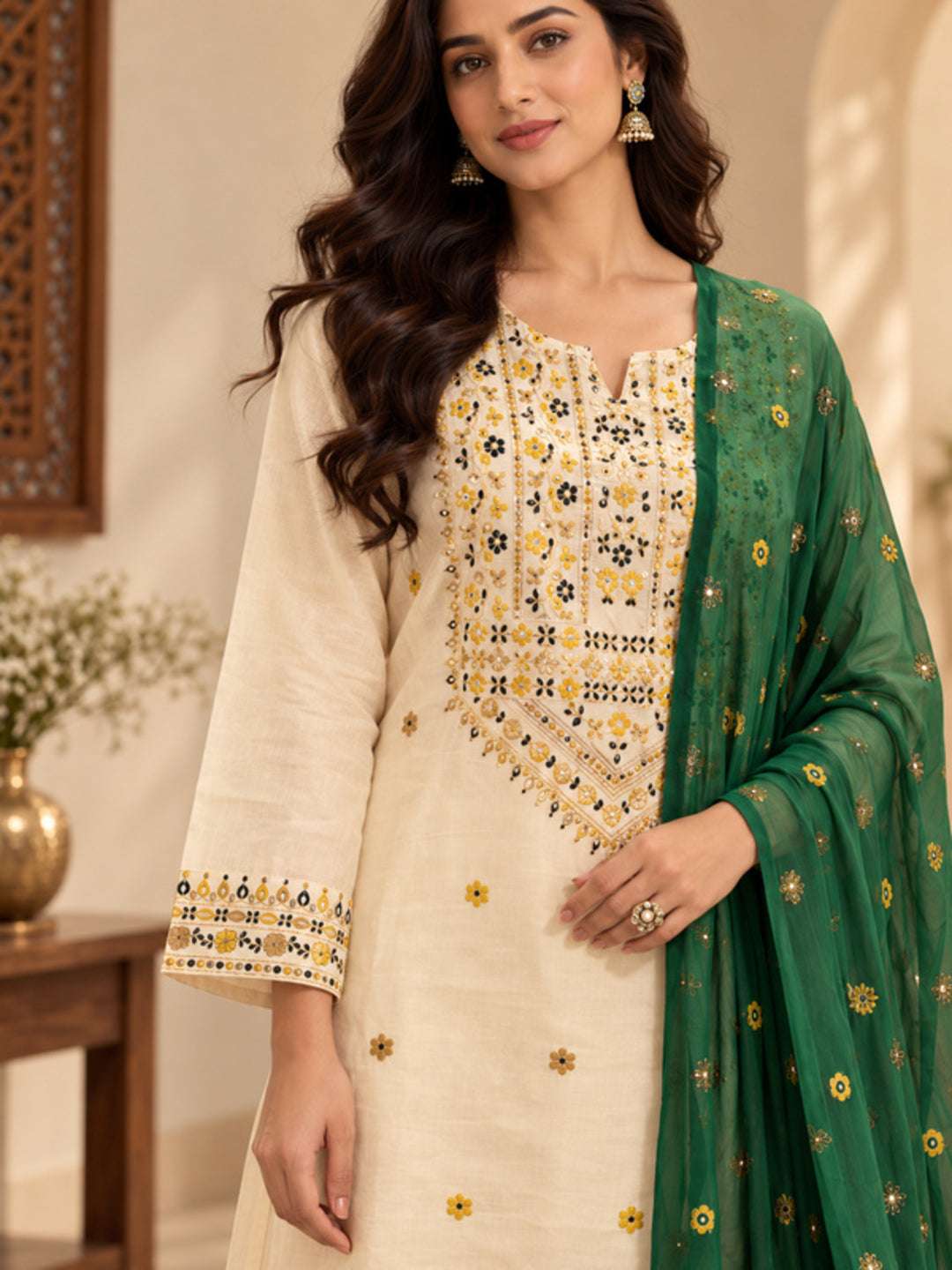 Floral Embroidered Straight Silk Blend Kurta & Trousers Sets