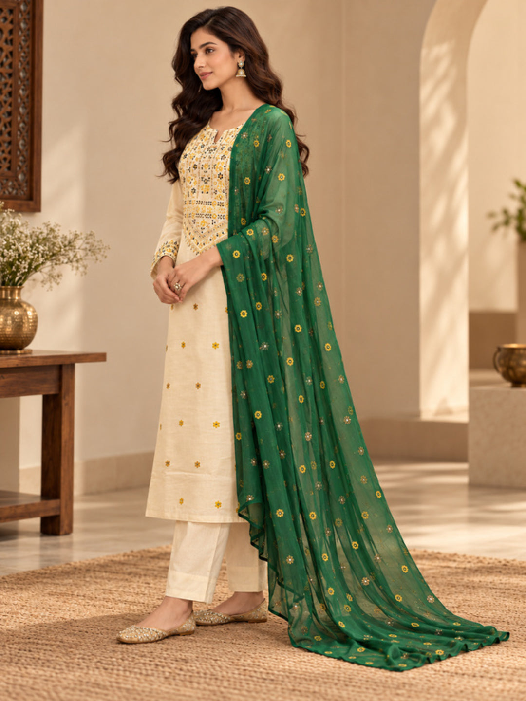 Floral Embroidered Straight Silk Blend Kurta & Trousers Sets