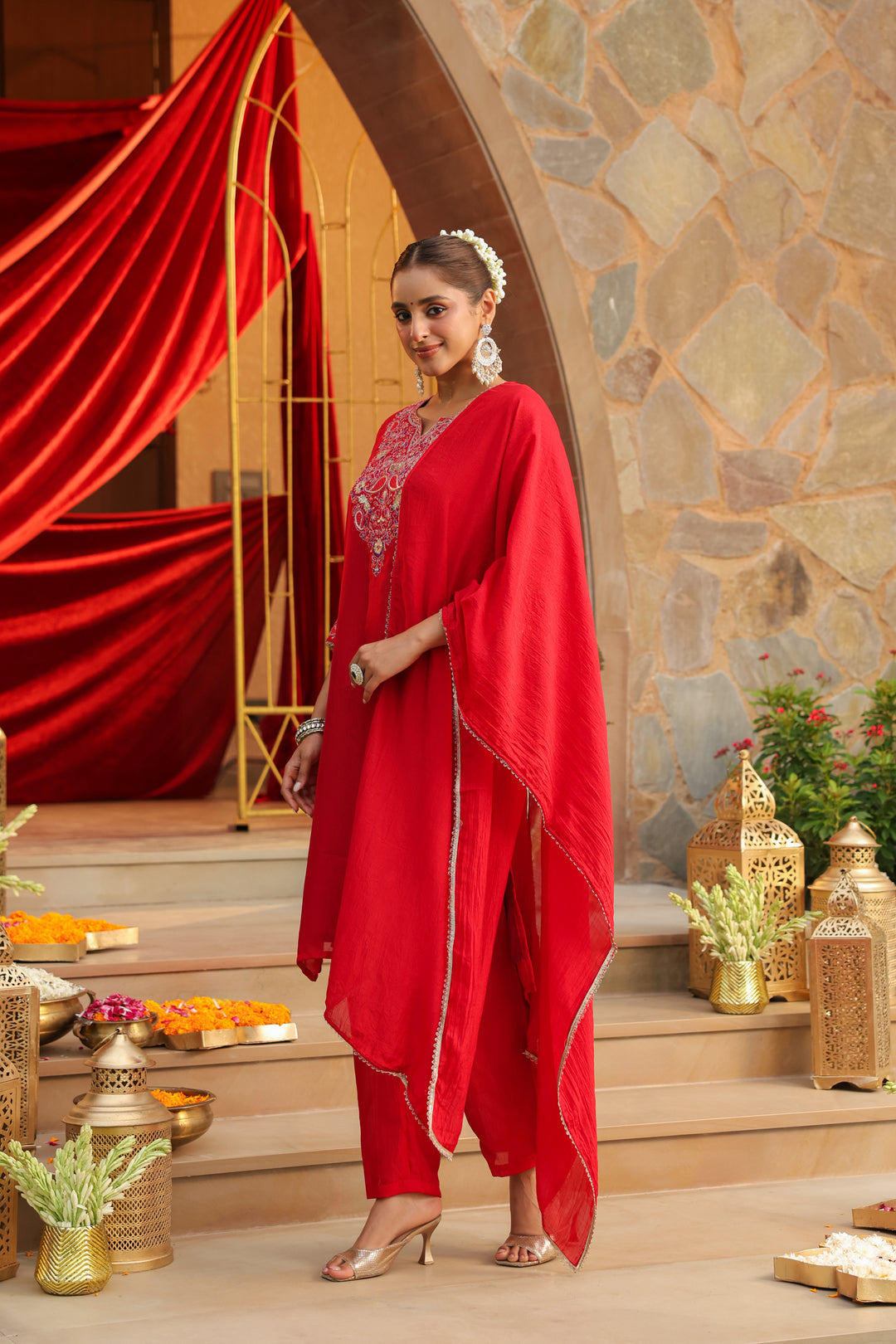 Floral Embroidered Straight Kurta & Trousers Sets