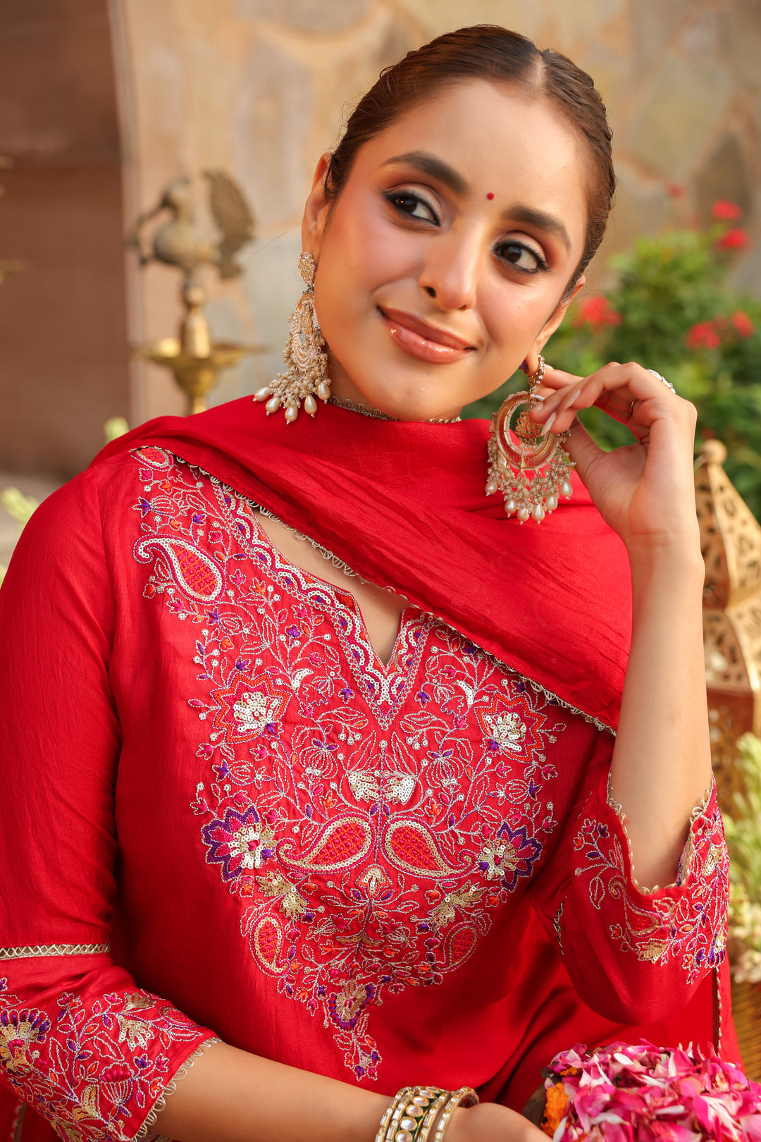 Floral Embroidered Straight Kurta & Trousers Sets