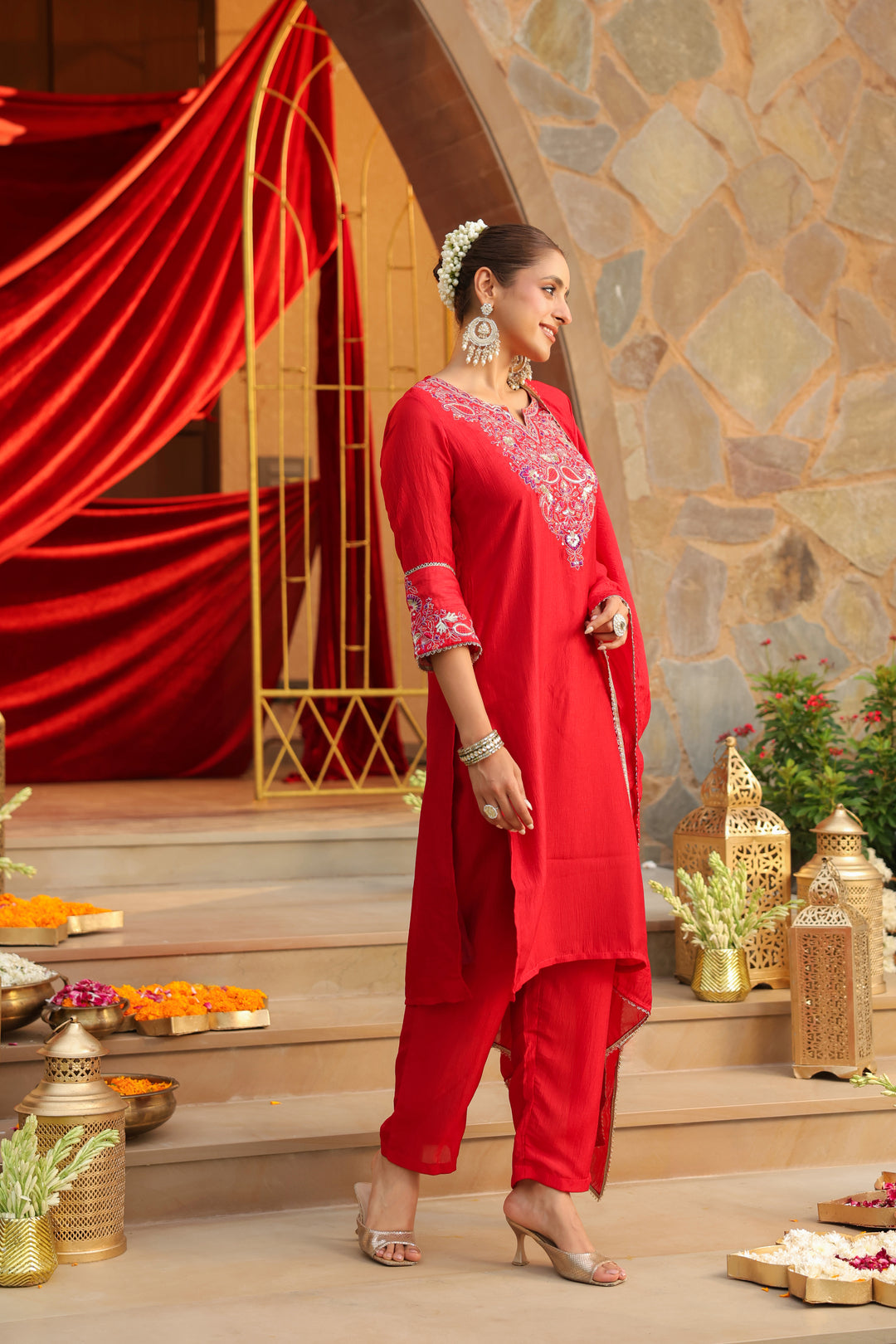 Floral Embroidered Straight Kurta & Trousers Sets