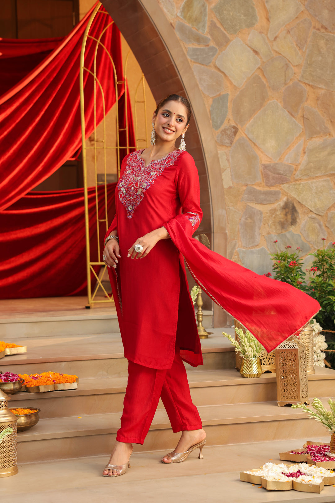 Floral Embroidered Straight Kurta & Trousers Sets