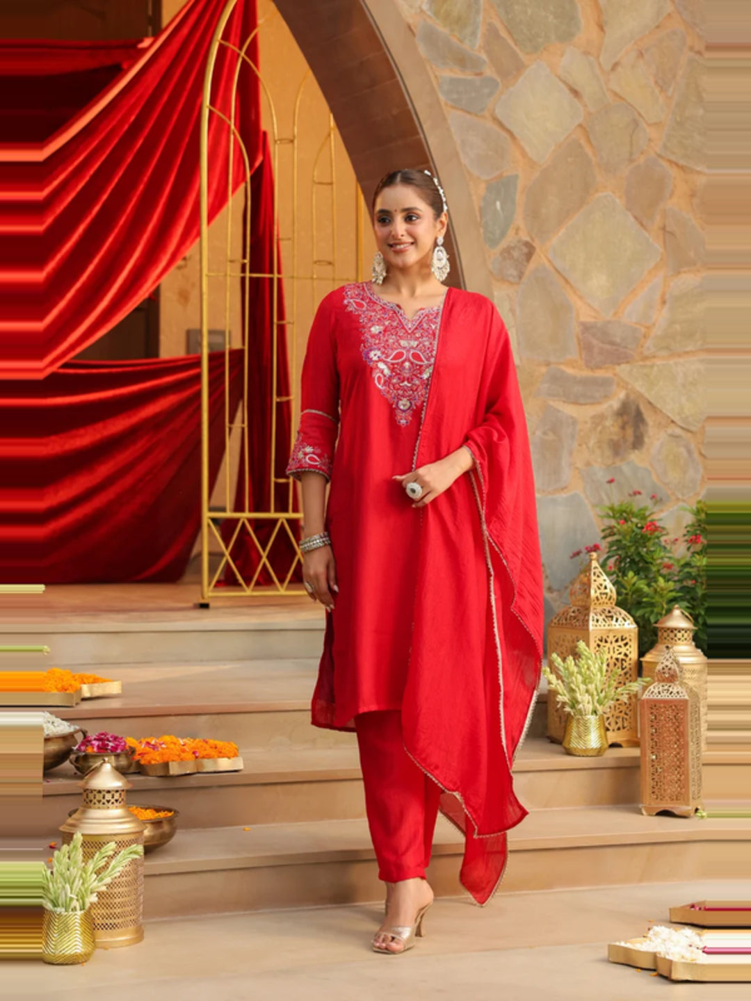 Floral Embroidered Straight Kurta & Trousers Sets