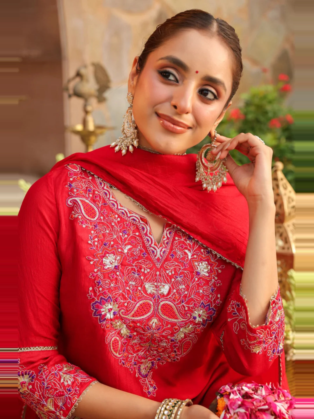Floral Embroidered Straight Kurta & Trousers Sets