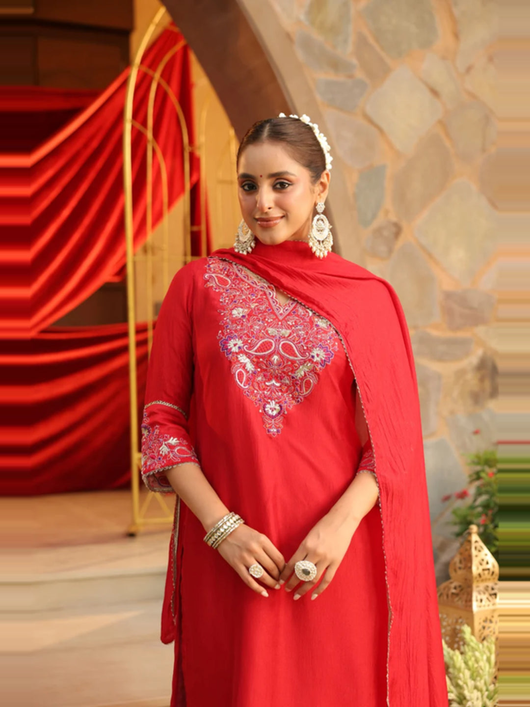 Floral Embroidered Straight Kurta & Trousers Sets