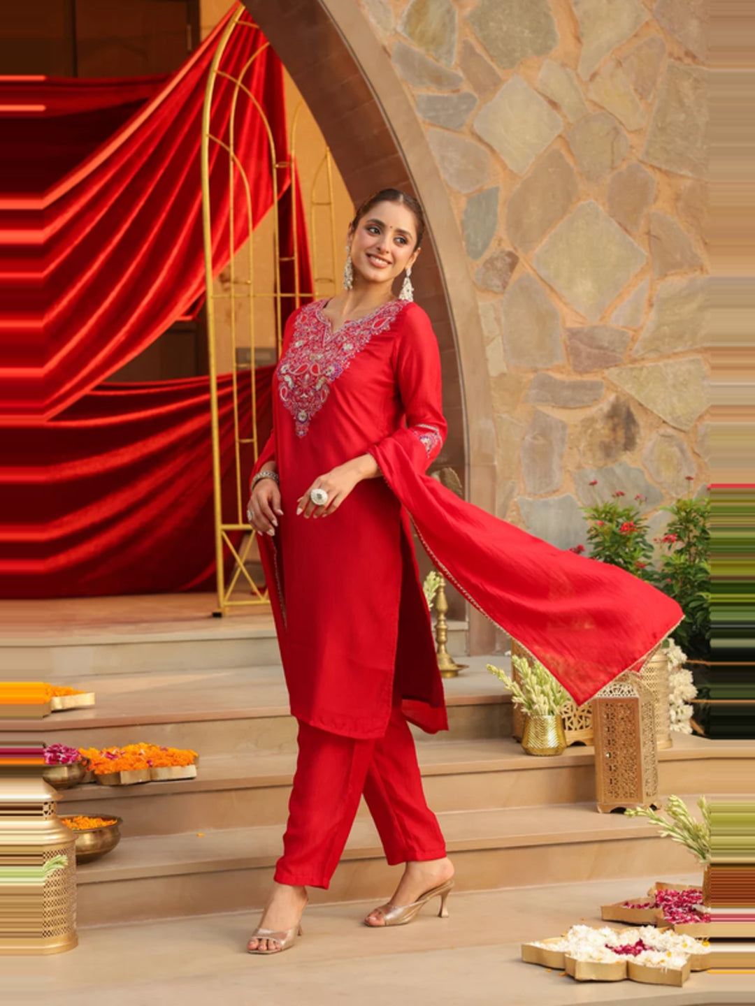Floral Embroidered Straight Kurta & Trousers Sets