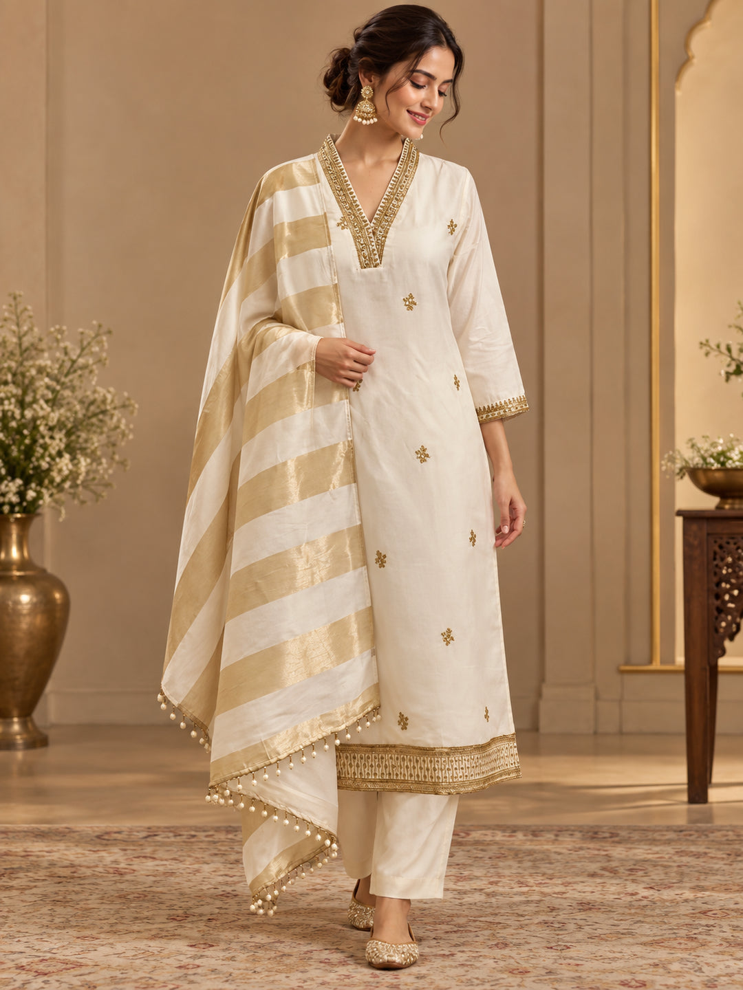 Solid Embroidered Straight Chanderi Cotton Kurta & Trousers Sets