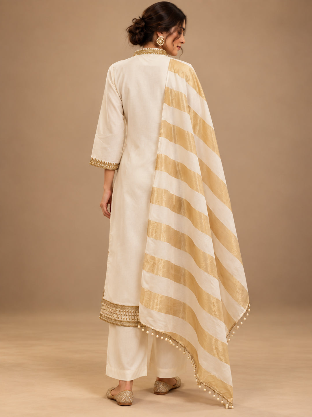 Solid Embroidered Straight Chanderi Cotton Kurta & Trousers Sets