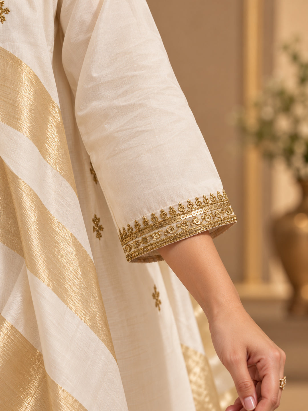 Solid Embroidered Straight Chanderi Cotton Kurta & Trousers Sets