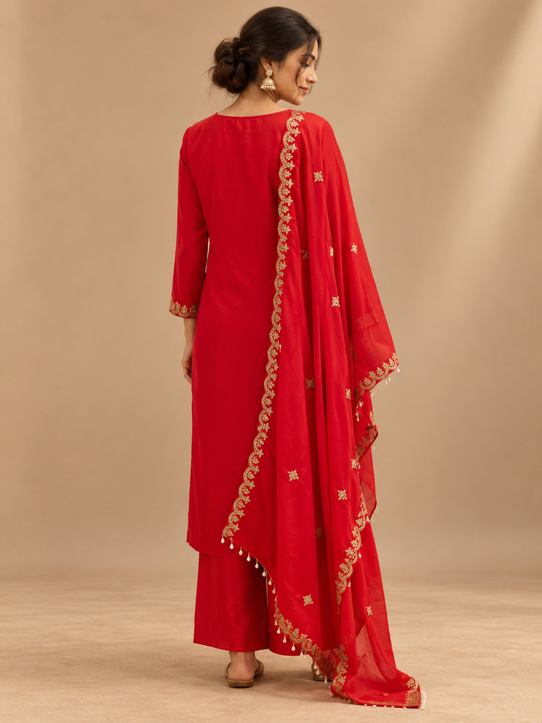 Floral Embroidered Straight Polki Silk Kurta & Trousers Sets